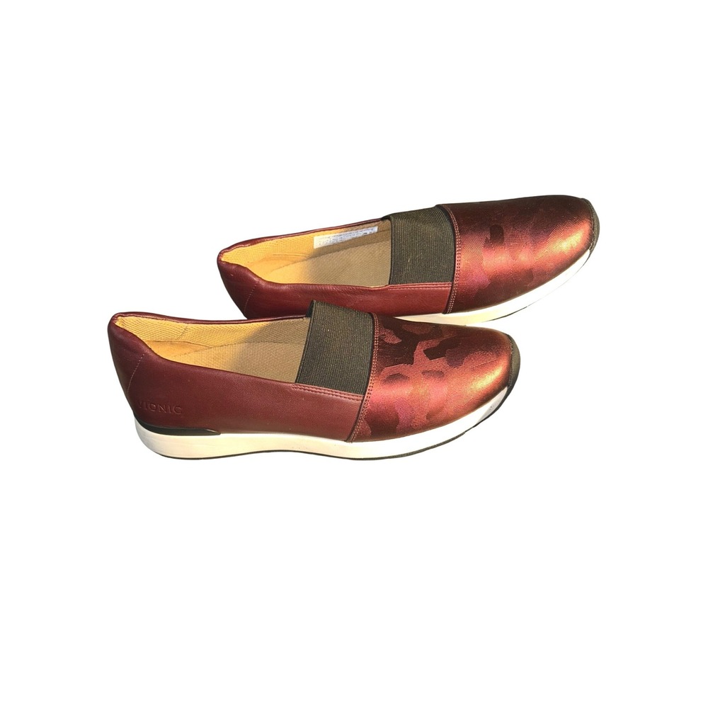 Vionic Burgundy Camo Leather Slip On Sneakers Wine Red Walking Shoes Womens9